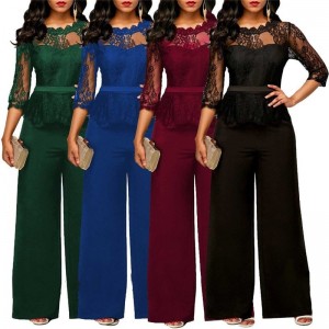 Fashion Women Plus Size Jumpsuit Solid Color Playsuit Party Romper Half Lace Sleeve Party Elegant Long Jumpsuit Black Blue Green Red